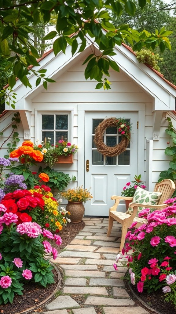 A charming garden cottage with vibrant flowers and a cozy entrance.