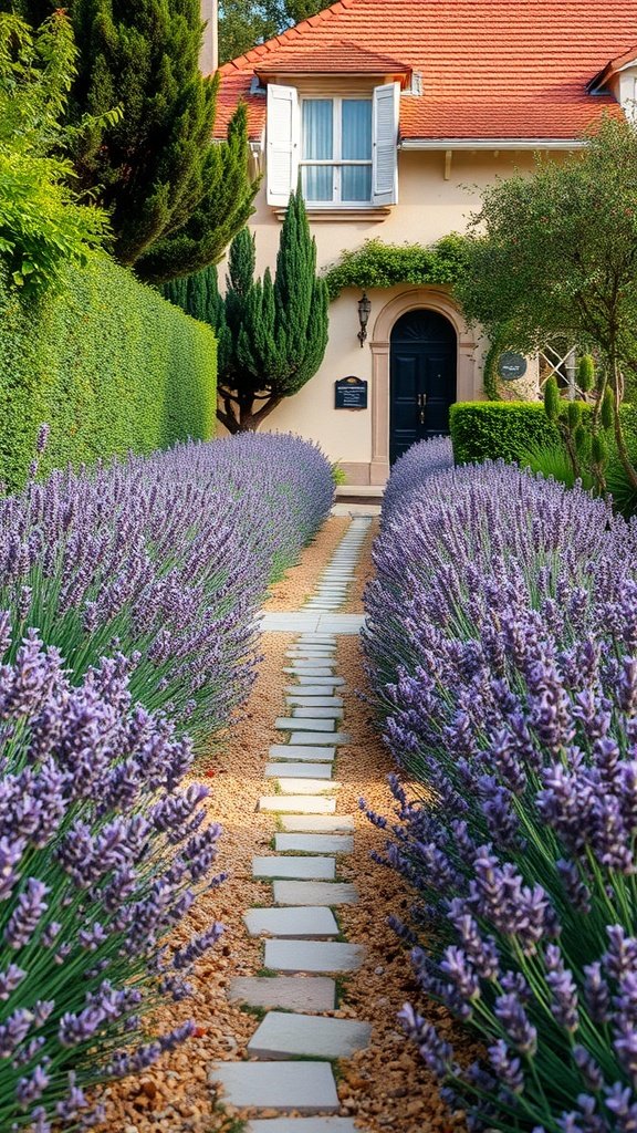 Garden pathway lined with lavender flowers leading to a charming French Mediterranean home.