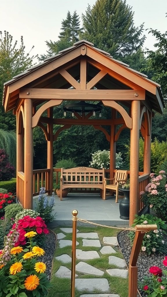 A wooden gazebo surrounded by colorful flowers and greenery.