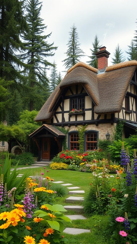 A charming European cottage with a thatched roof surrounded by colorful flowers and lush greenery.