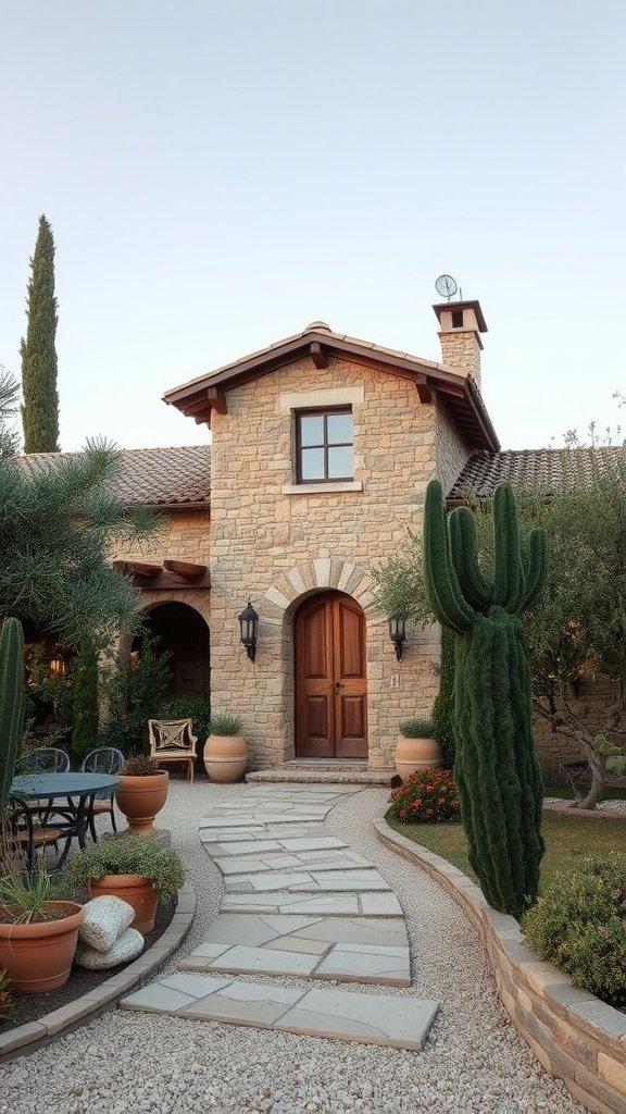 A charming rustic guest house with stone walls, wooden doors, and a stone path leading to the entrance, surrounded by potted plants and cacti.