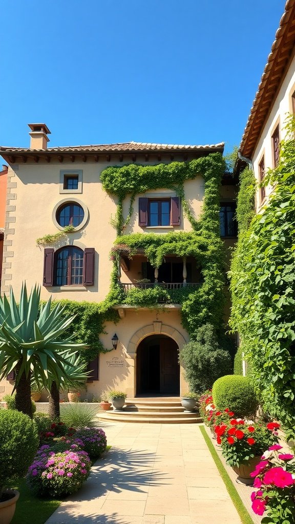 A charming Mediterranean hacienda with balconies covered in ivy and colorful flowers in the garden.