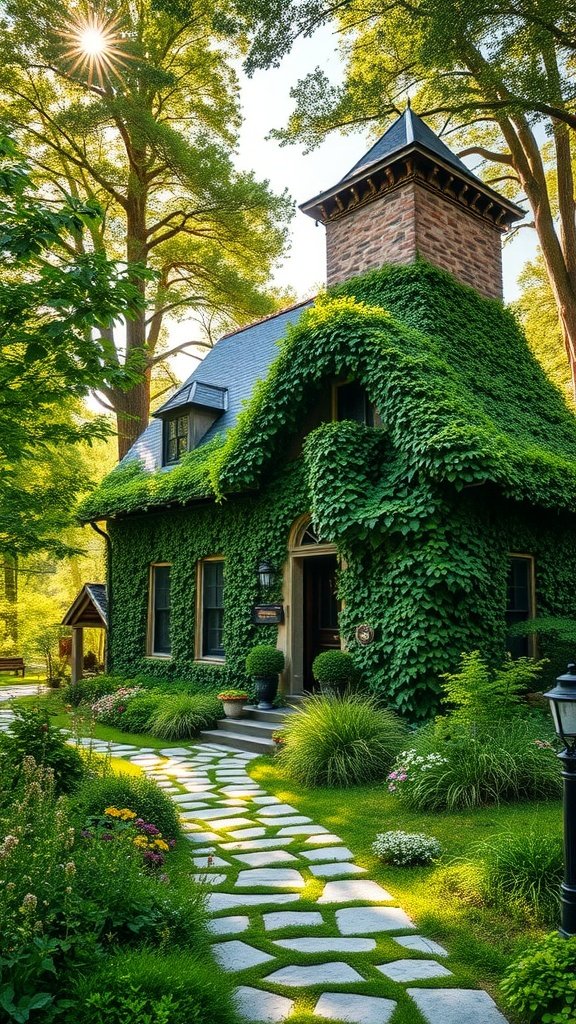 A charming ivy-covered cottage surrounded by trees and a stone pathway, with sunlight shining through the leaves.
