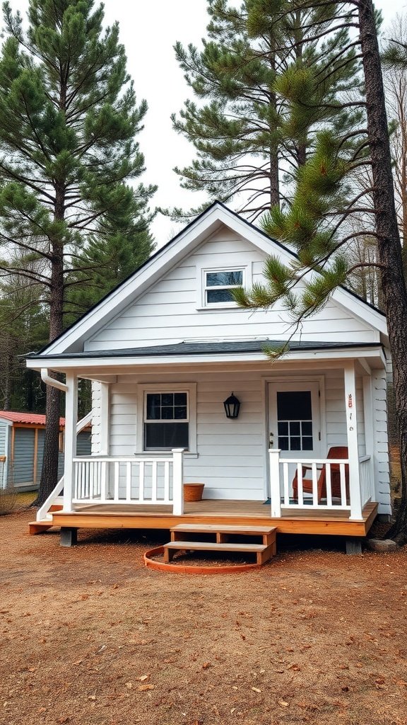 A charming white log cabin surrounded by tall pine trees, featuring a small porch and lantern