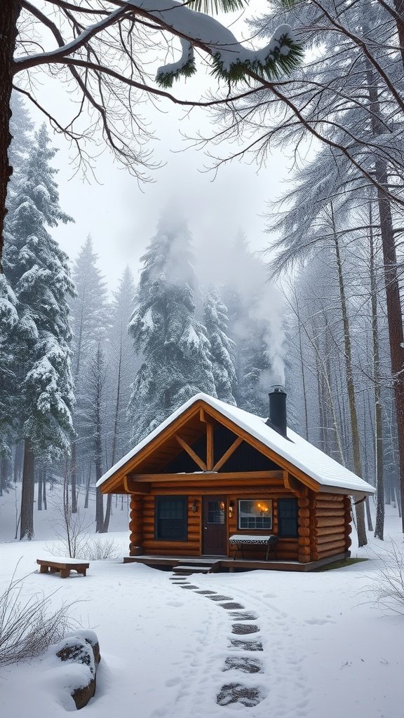 A charming log cabin surrounded by snow-covered trees, with a path leading to the entrance and smoke rising from the chimney.