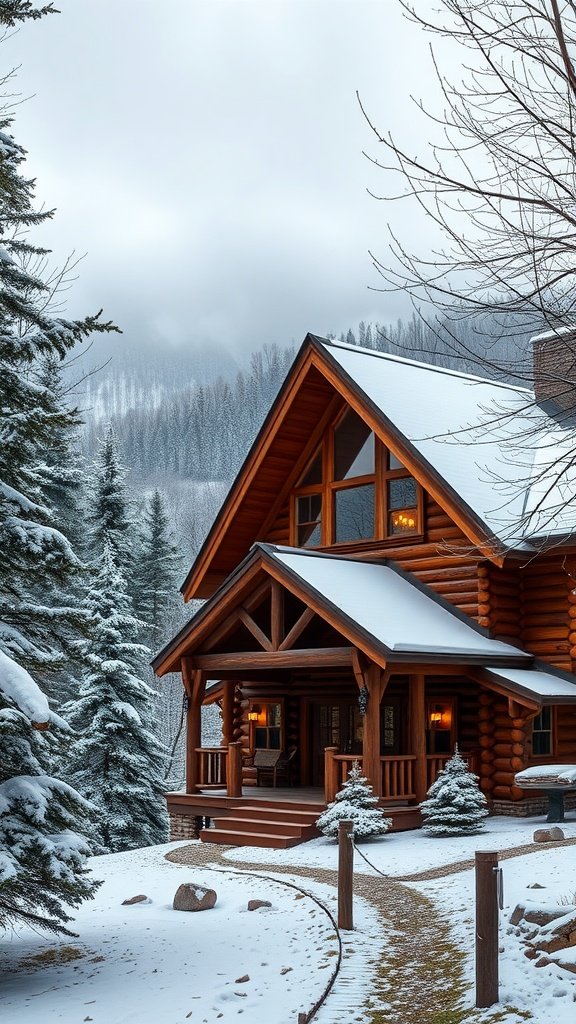 A charming log cabin in the Smoky Mountains surrounded by snow-covered trees and mountains.
