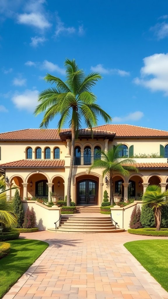 A Mediterranean mansion with palm trees, colorful plants, and an inviting entrance.