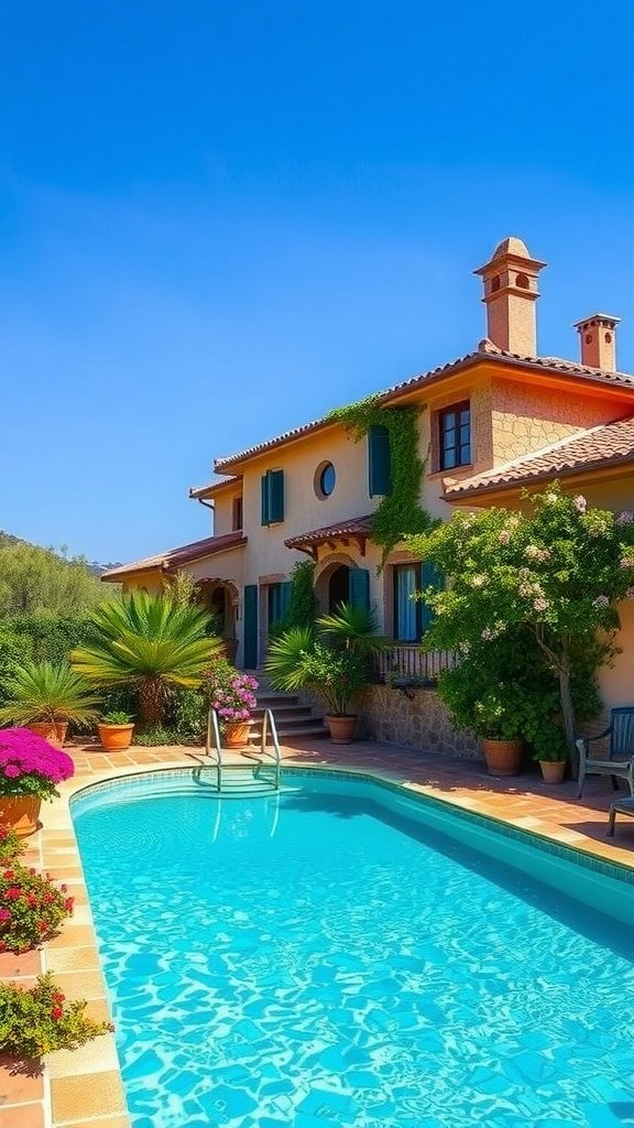 A charming Mediterranean home with a pool surrounded by flowers and greenery.
