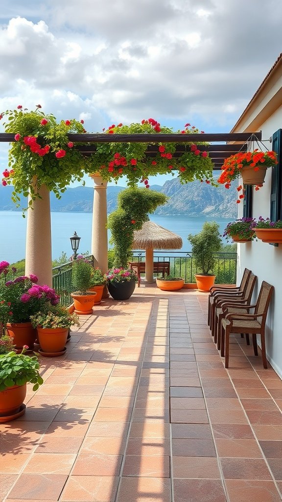 A charming Mediterranean veranda adorned with flowers and overlooking the sea.