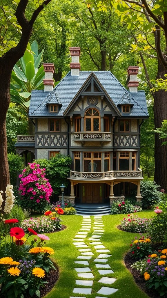 A charming miniature mansion surrounded by colorful flowers and greenery.