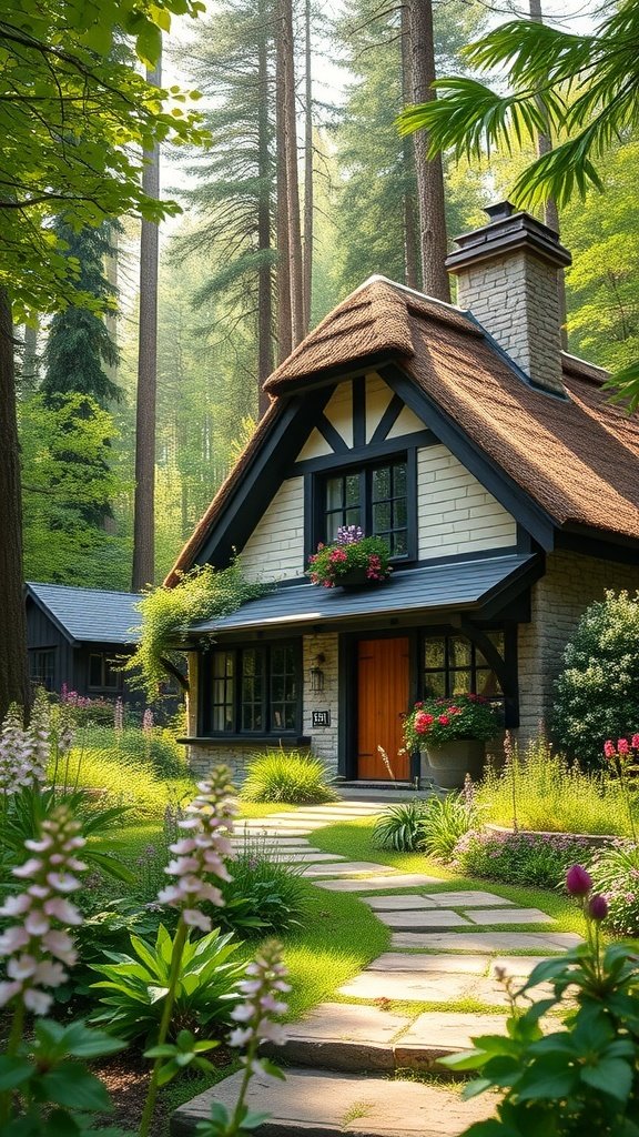 A charming modern cottage with a thatched roof surrounded by trees and flowers