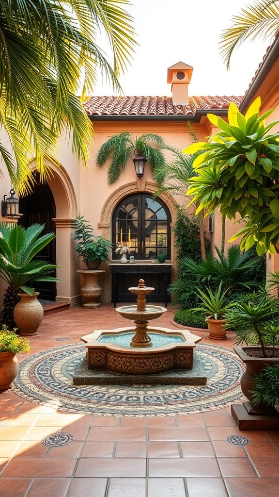 A serene courtyard featuring a fountain, lush plants, and warm tiled flooring typical of Spanish Mediterranean architecture.