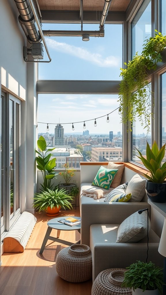 A cozy balcony with seating and plants, featuring a view of the city skyline.