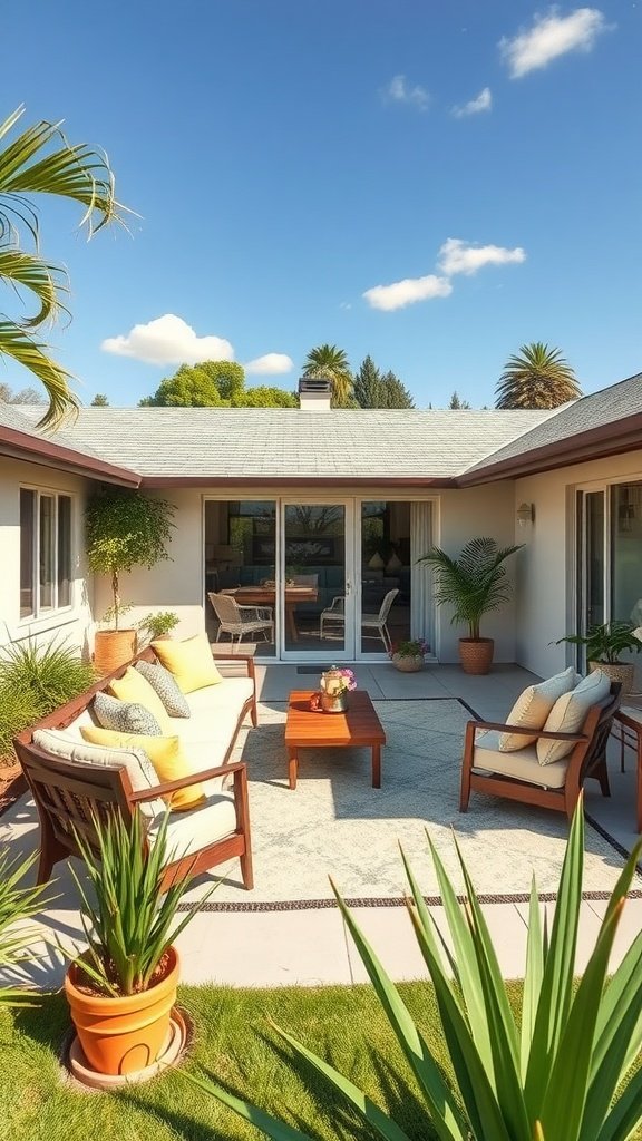 A mid-century modern outdoor patio with comfortable seating and potted plants.