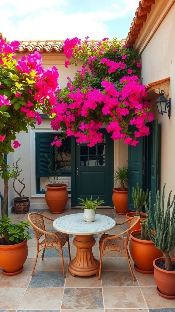 A charming outdoor patio decorated with vibrant bougainvillea, featuring a round table and woven chairs.