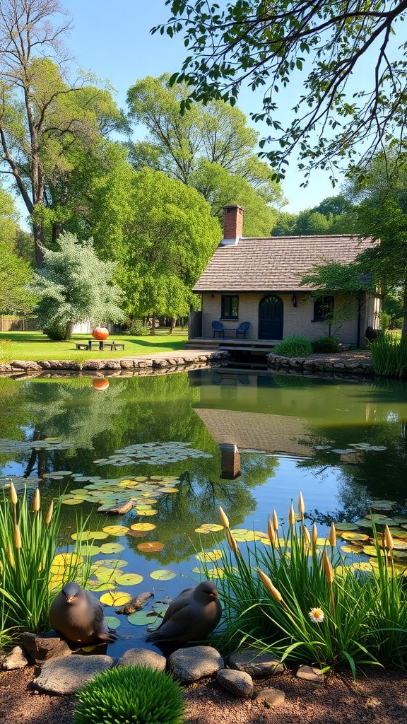 A serene pond with ducks, surrounded by greenery and a cozy sitting area.