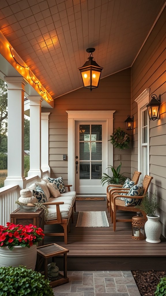 A charming porch with warm lights, comfortable seating, and potted plants.