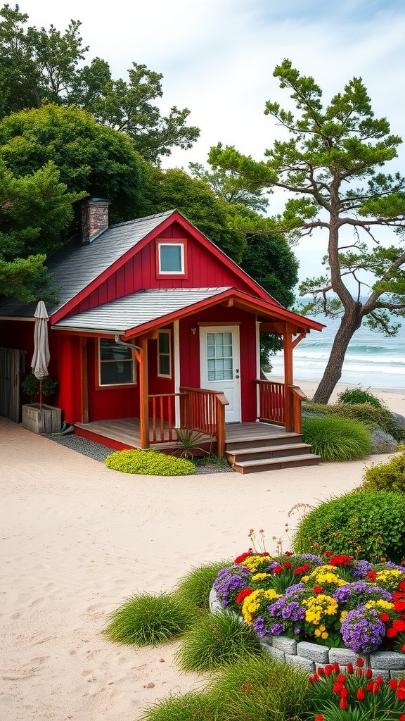 A charming red cottage by the beach surrounded by greenery and colorful flowers.