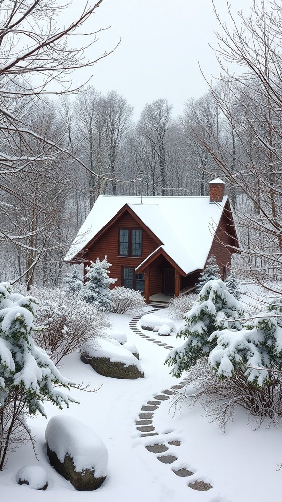 A cozy cabin in the Southern Appalachians surrounded by snow-covered trees and a winding stone path.