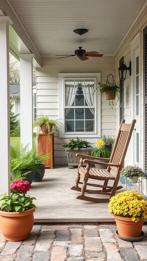 A cozy farmhouse front porch featuring a wooden rocking chair and colorful potted plants.