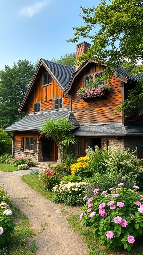 A rustic farmhouse with wooden exterior, stone accents, and vibrant flower gardens