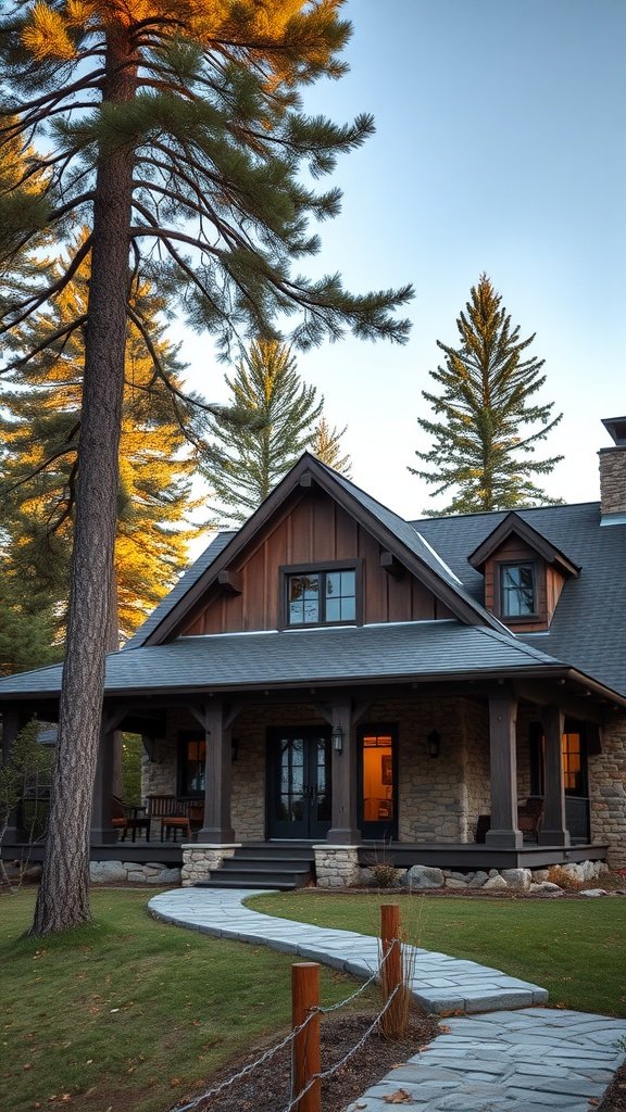 A rustic house surrounded by tall pine trees, featuring a stone and wood exterior with a welcoming porch and a winding stone pathway.