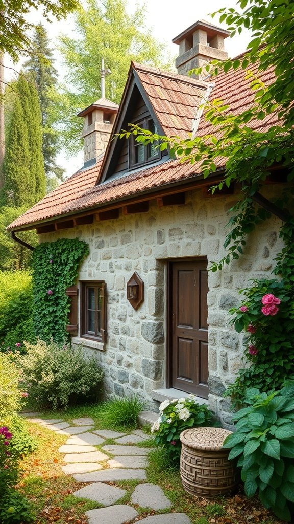 A charming rustic stone cottage with lush greenery and a stone path.
