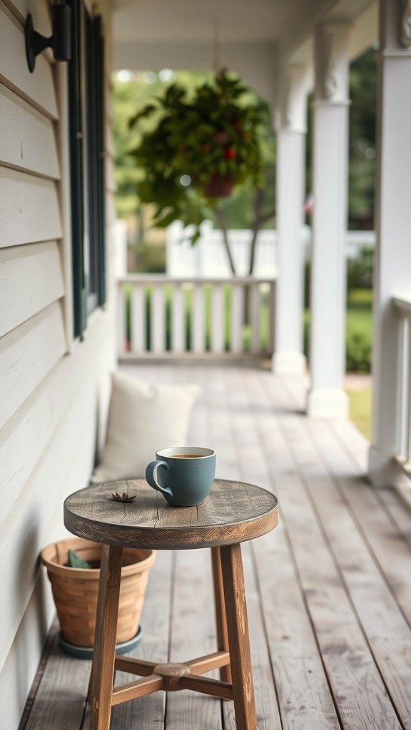 A rustic wooden side table with a cup of coffee on a farmhouse porch