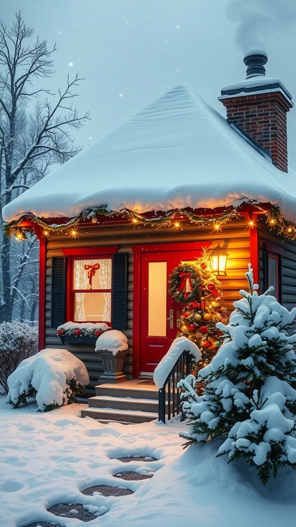 Charming snow-covered house decorated for Christmas with a red door and festive lights
