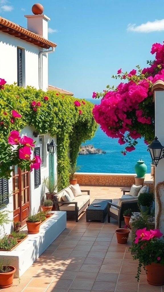 A charming courtyard with flowers, seating, and a view of the sea.