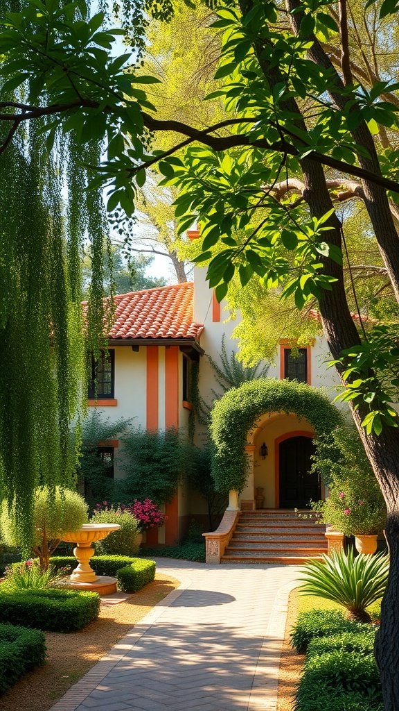 Charming Spanish Mediterranean villa surrounded by trees and colorful gardens