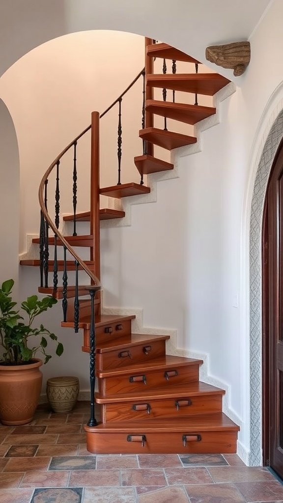 A charming spiral staircase with wooden steps and an iron railing, surrounded by light walls and a potted plant.