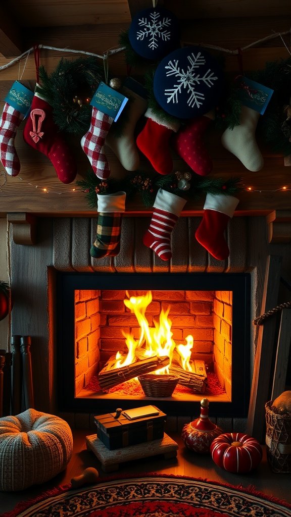 Colorful stockings hanging above a fireplace in a cozy winter cabin.