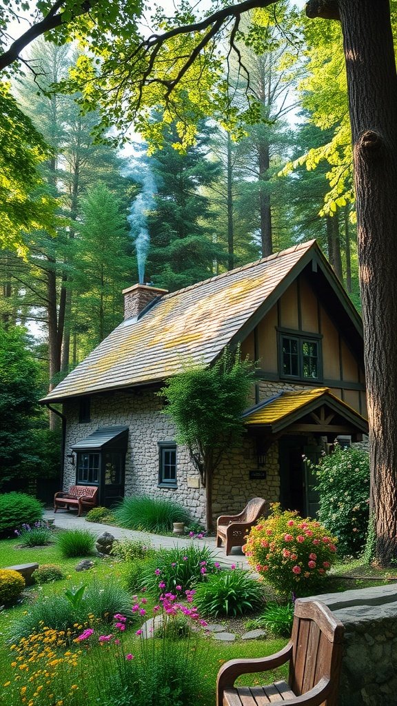 A charming stone and timber cottage surrounded by a lush garden and tall trees.