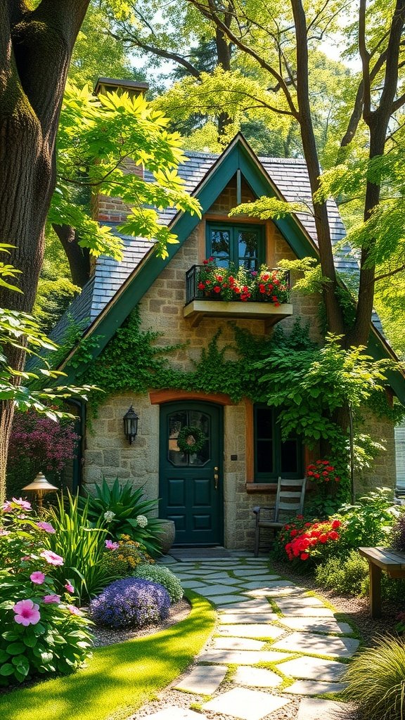 A charming stone cottage surrounded by lush greenery and colorful flowers