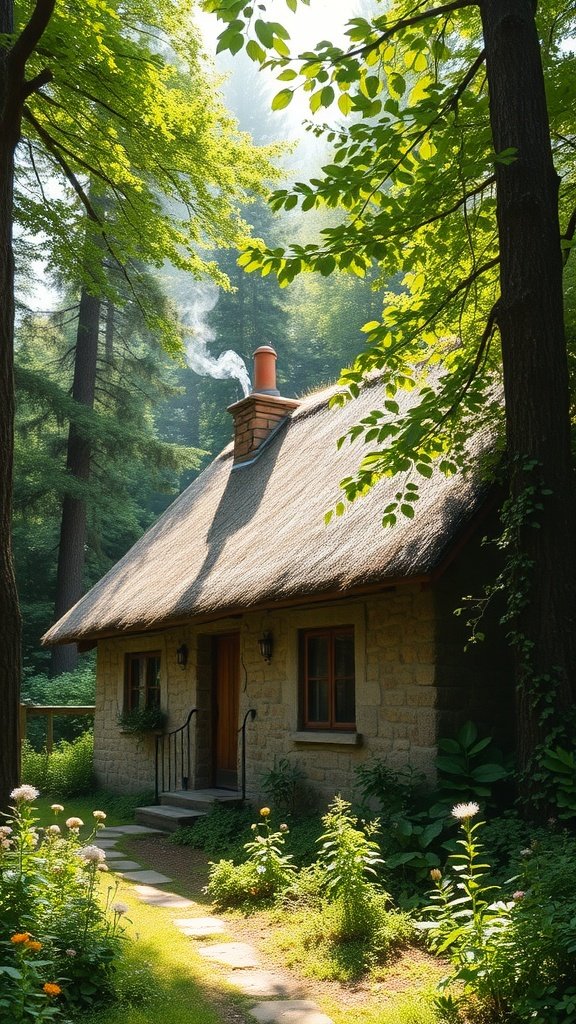 A charming stone cottage with a thatched roof surrounded by trees and flowers.