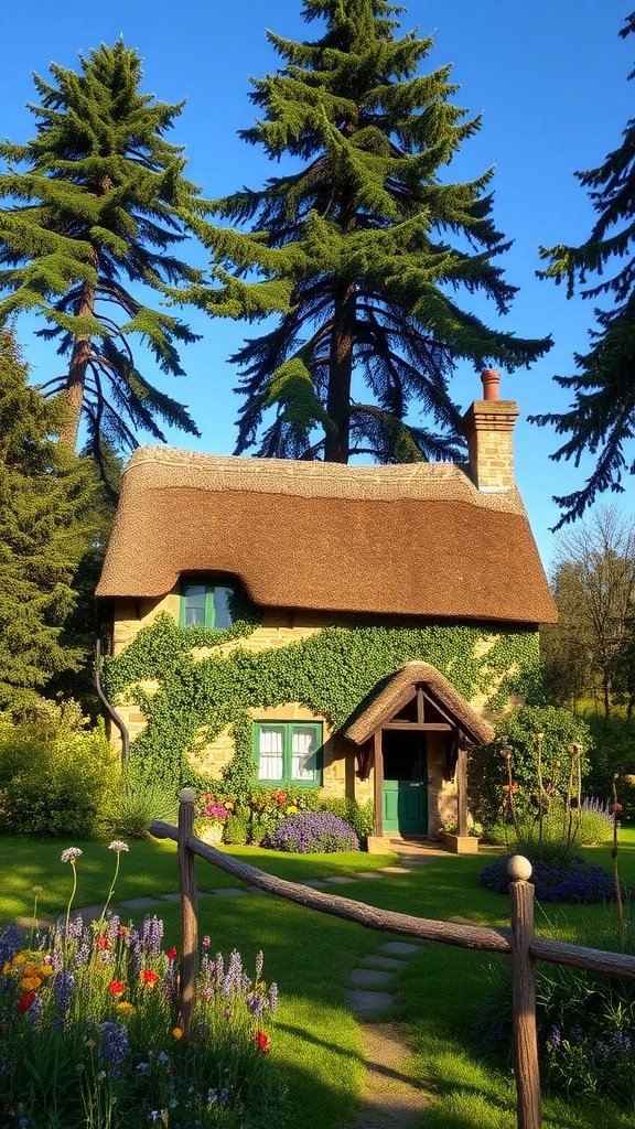 Charming stone cottage with thatched roof surrounded by greenery and flowers