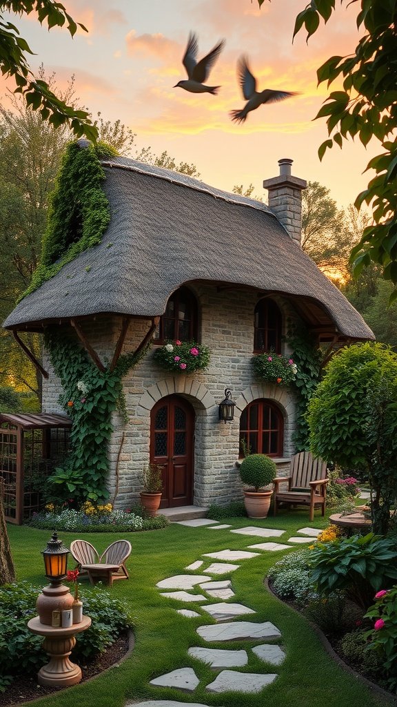 A charming stone cottage with a thatched roof surrounded by a garden and a stone pathway.