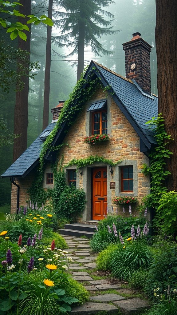 Charming stone cottage surrounded by lush greenery and flowers, shrouded in mist