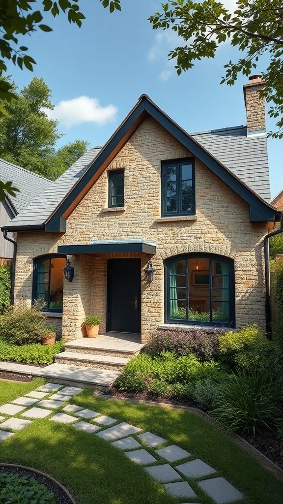 A charming stone cottage with modern elements, surrounded by a well-maintained garden and stone pathway.