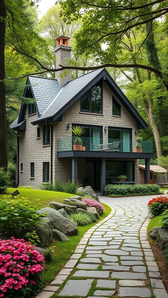 A charming stone cottage with modern architecture surrounded by trees and colorful flowers.