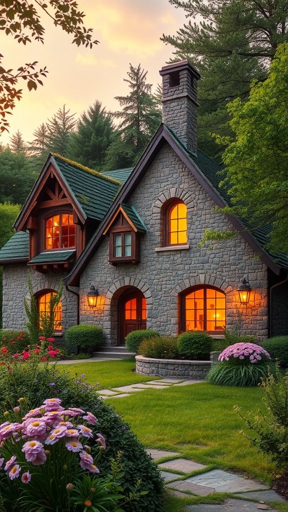 A charming stone house with glowing windows, surrounded by a beautifully landscaped garden.
