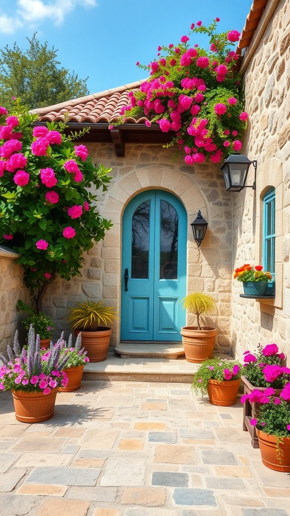 A charming stone Mediterranean cottage with a blue door and vibrant flowers.