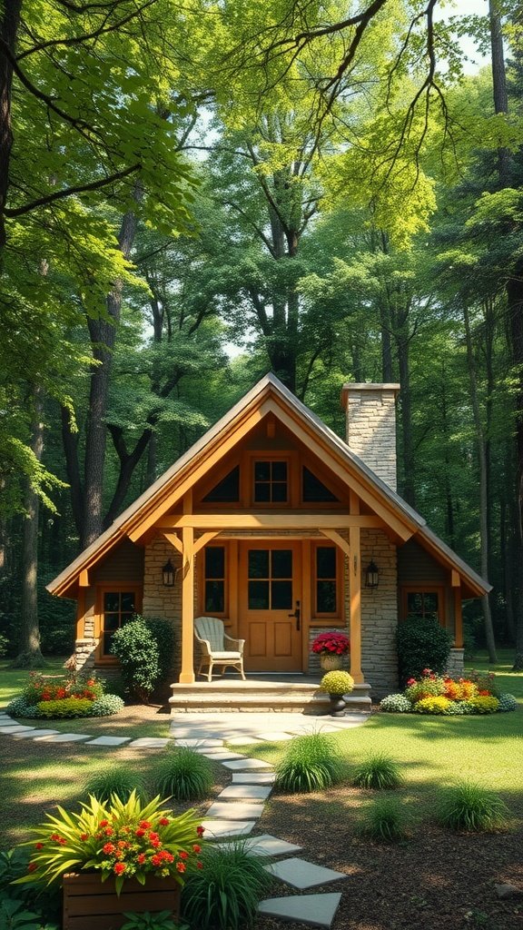 Charming stone tiny house surrounded by greenery and flowers in the woods.