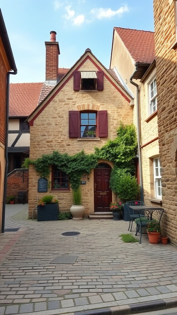 Charming stone house with burgundy shutters and greenery in a village setting