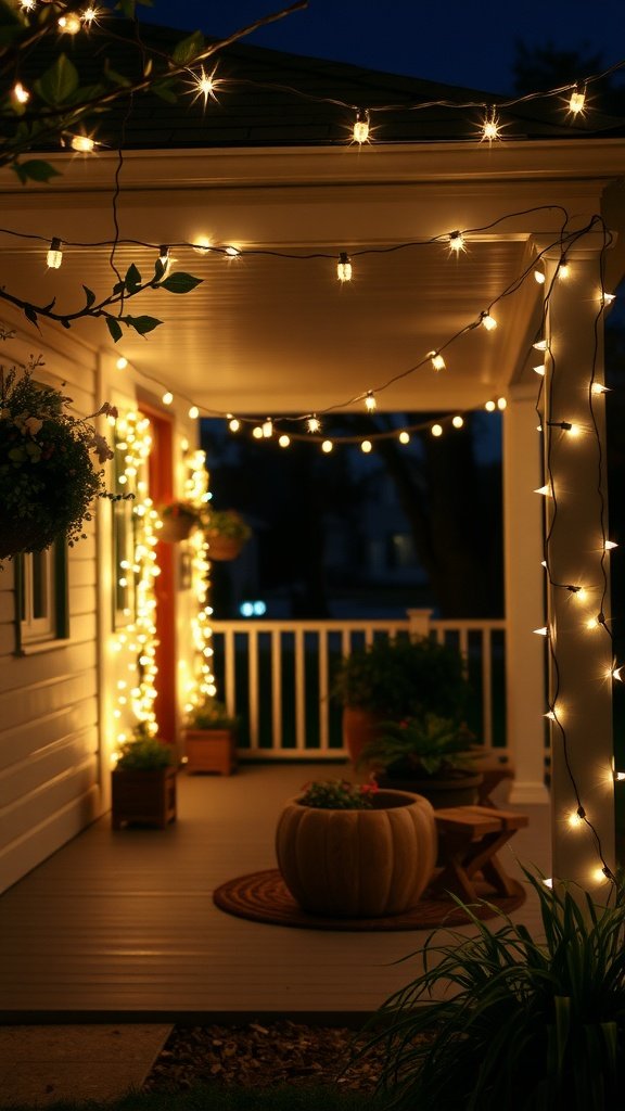 A cozy farmhouse front porch decorated with string lights for evening ambiance.