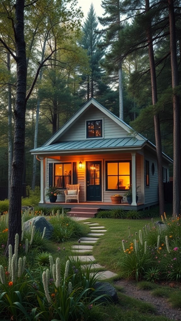 A cozy modern cottage surrounded by trees and flowers, with warm light glowing from its windows.