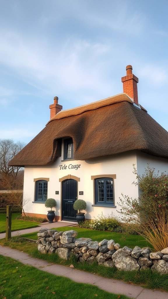 Charming thatched roof cottage with a stone wall and greenery