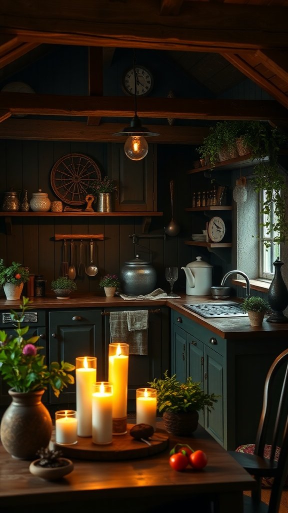 A cozy kitchen with dark cabinetry, wooden beams, glowing candles, and fresh greenery.