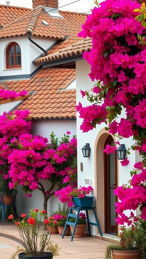 A charming Mediterranean home with a tile roof, surrounded by vibrant bougainvillea flowers.